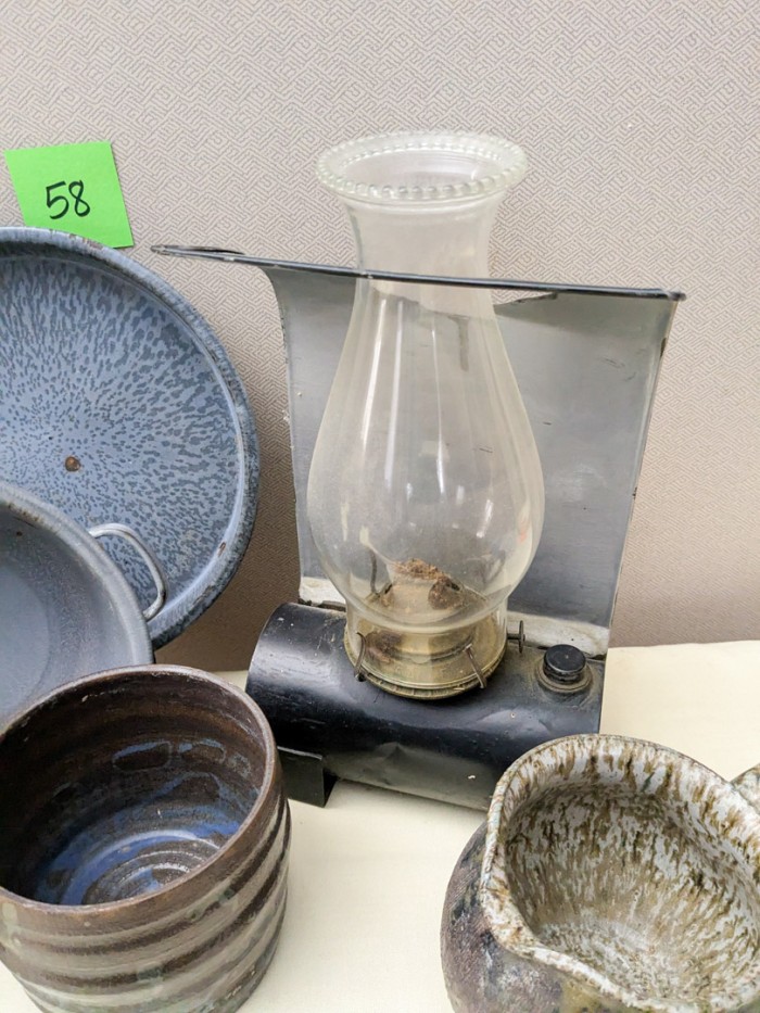 58. (3) Pottery Pieces (signed), Oil Lamp + (2) Graniteware Pieces - Image 7