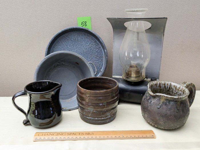 58. (3) Pottery Pieces (signed), Oil Lamp + (2) Graniteware Pieces - Image 9