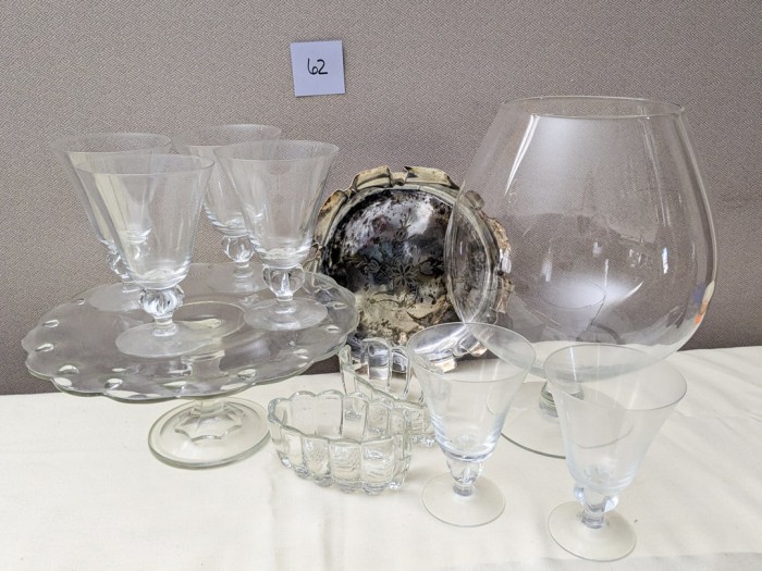 62. Cake Plate, Lg. Glass Pedestal, Utensil Holder, (6) Glasses + Silverplate Bowl