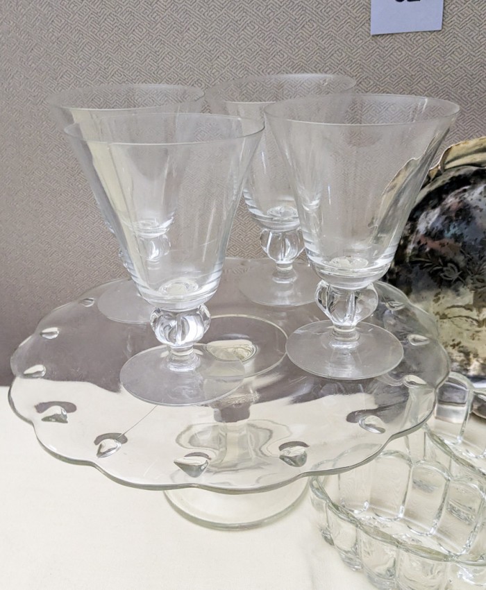 62. Cake Plate, Lg. Glass Pedestal, Utensil Holder, (6) Glasses + Silverplate Bowl - Image 2