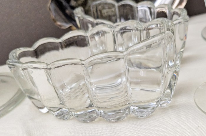 62. Cake Plate, Lg. Glass Pedestal, Utensil Holder, (6) Glasses + Silverplate Bowl - Image 4