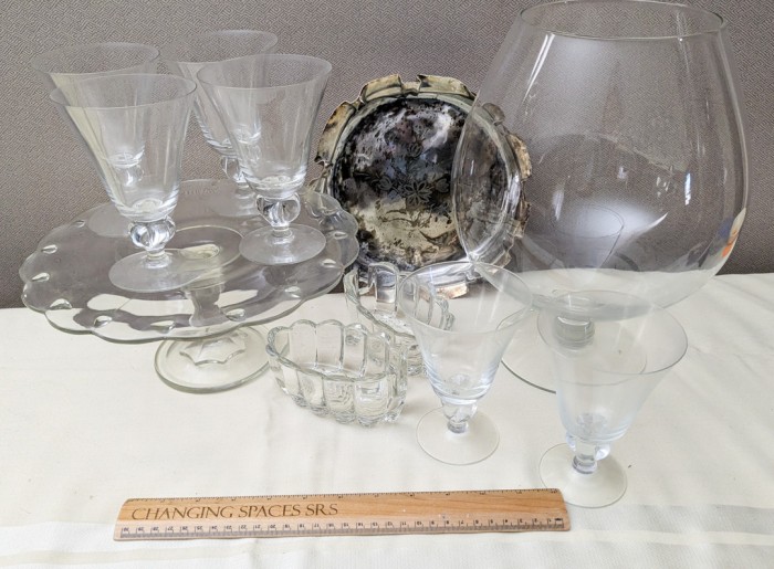 62. Cake Plate, Lg. Glass Pedestal, Utensil Holder, (6) Glasses + Silverplate Bowl - Image 8