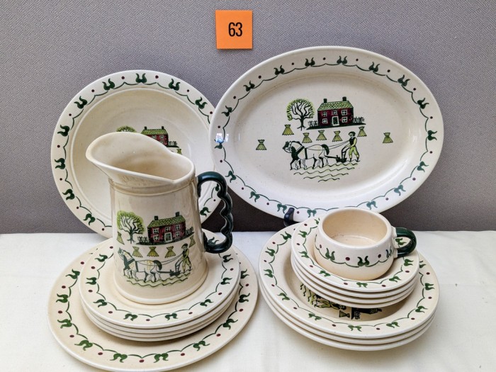 63. Metlox Dishes - (1) Dinner Plate, (4) Salad Plates, (3) Low Bowls, (4) Berry Bowls, Pitcher, Mug + (2) Serving Pieces