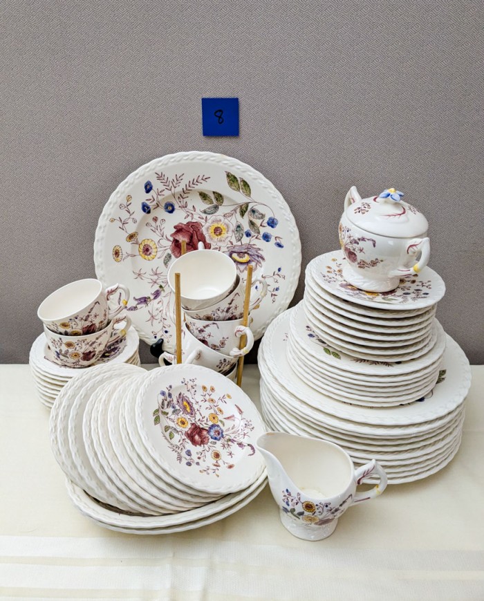 8. Vernon Kilns China- (10) Dinner Plates, (9) Berry Bowls, (10) Bread Plates, (7) Teacups/(8) Saucers, (7) Salad Plates, (3)Serving Pcs., Creamer + Sugar