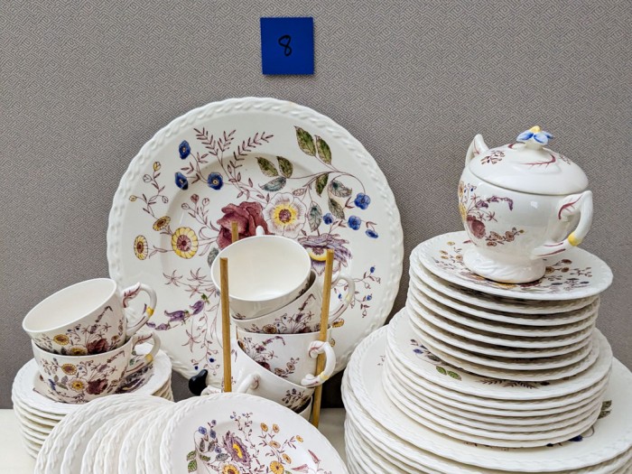 8. Vernon Kilns China- (10) Dinner Plates, (9) Berry Bowls, (10) Bread Plates, (7) Teacups/(8) Saucers, (7) Salad Plates, (3)Serving Pcs., Creamer + Sugar - Image 2