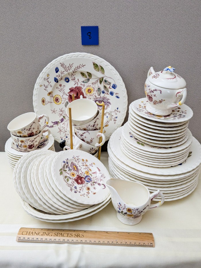 8. Vernon Kilns China- (10) Dinner Plates, (9) Berry Bowls, (10) Bread Plates, (7) Teacups/(8) Saucers, (7) Salad Plates, (3)Serving Pcs., Creamer + Sugar - Image 3