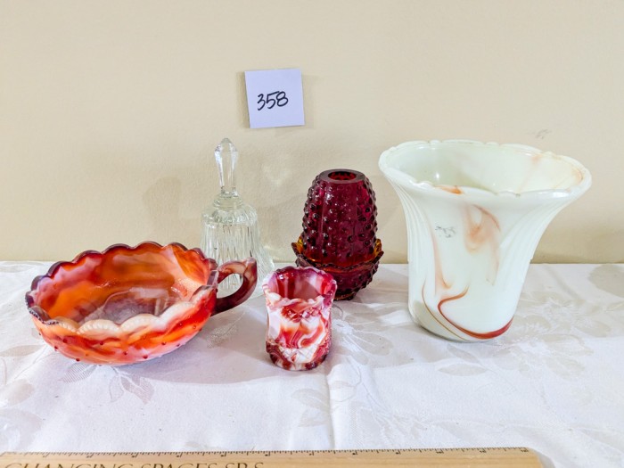 358. (3) Akro Agate Pieces, Fenton Candle Holder + Glass Bell