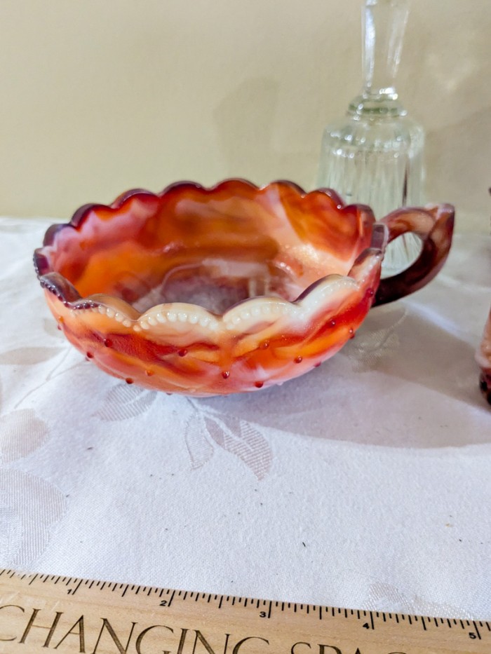 358. (3) Akro Agate Pieces, Fenton Candle Holder + Glass Bell - Image 2