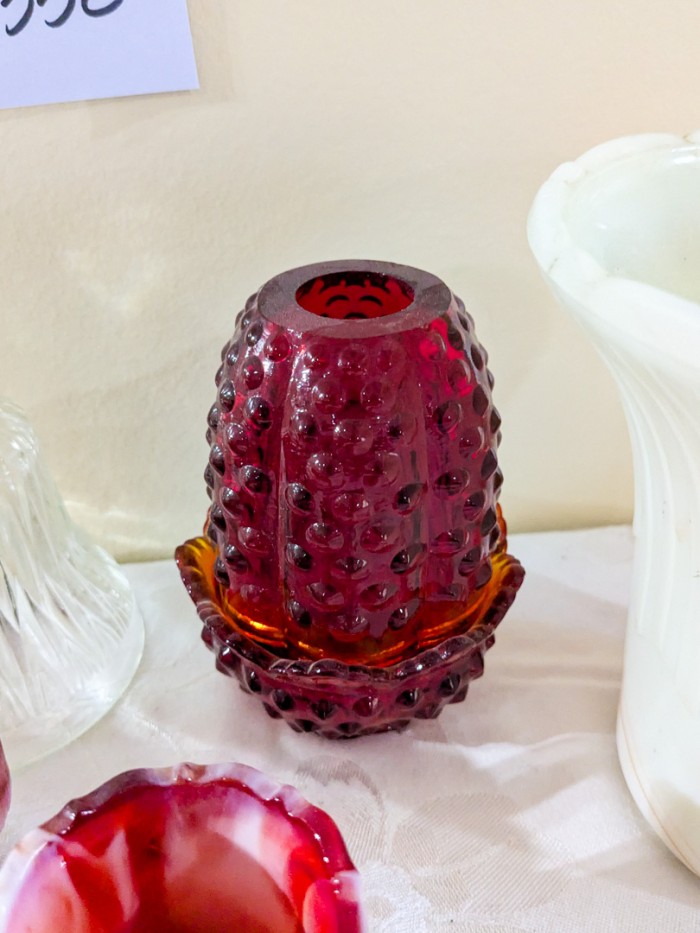 358. (3) Akro Agate Pieces, Fenton Candle Holder + Glass Bell - Image 4