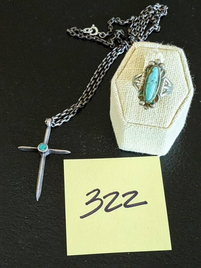 322. Sterling Silver + Turquoise Ring - Size 7 + Sterling Silver + Turquoise Cross on Fashion Chain