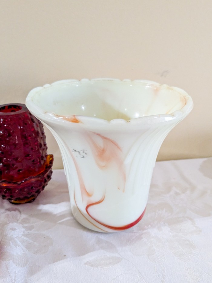 358. (3) Akro Agate Pieces, Fenton Candle Holder + Glass Bell - Image 7