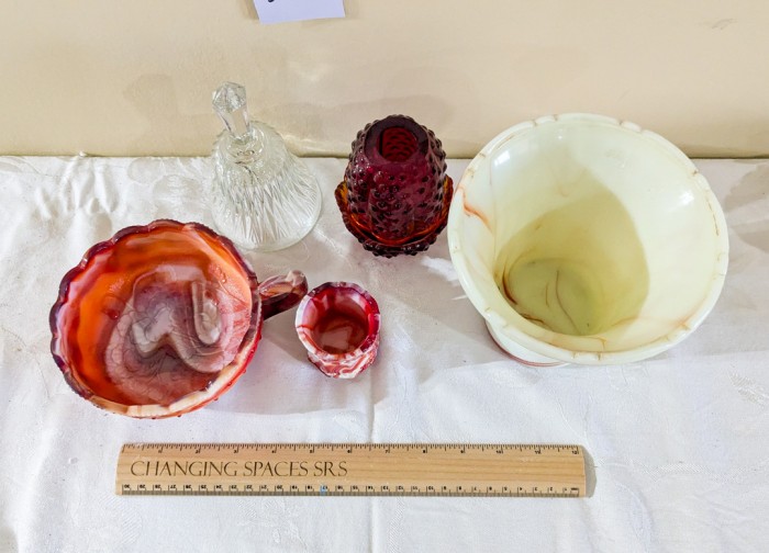 358. (3) Akro Agate Pieces, Fenton Candle Holder + Glass Bell - Image 9