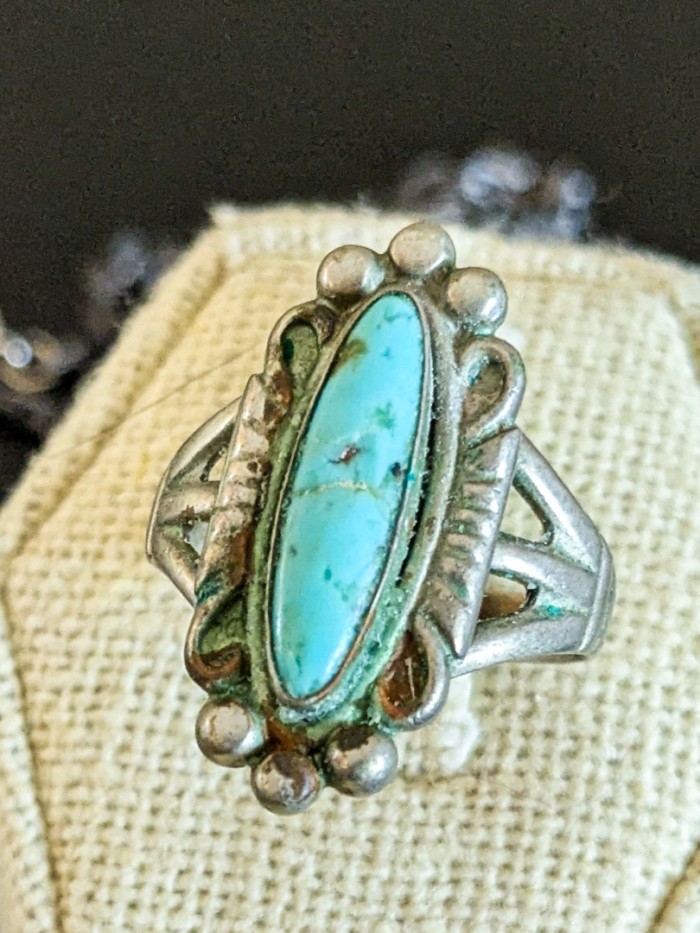 322. Sterling Silver + Turquoise Ring - Size 7 + Sterling Silver + Turquoise Cross on Fashion Chain - Image 2