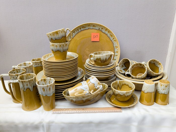 123. Canonsburg Butterscotch Dishes - (8) Dinner Plates, (5) Cereal Bowls, (2) Berry Bowls, (8) Salad Plates, (4) Tall Mugs, Tumbler, Creamer + Sugar, Salt + Pepper, (4) Serving Pcs.