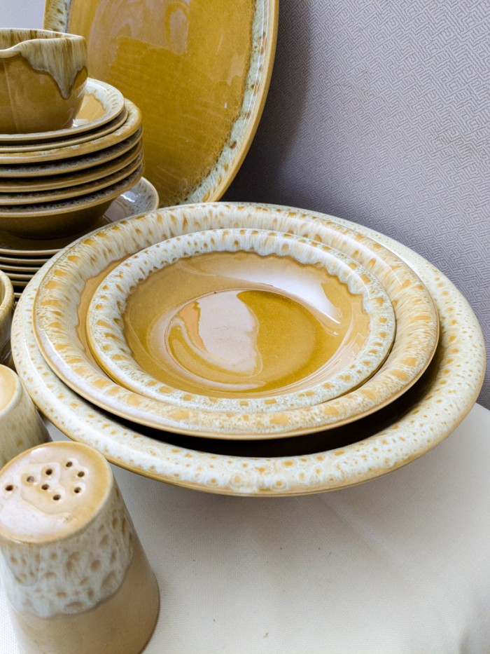 123. Canonsburg Butterscotch Dishes - (8) Dinner Plates, (5) Cereal Bowls, (2) Berry Bowls, (8) Salad Plates, (4) Tall Mugs, Tumbler, Creamer + Sugar, Salt + Pepper, (4) Serving Pcs. - Image 10