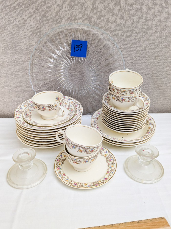 139. Smith Taylor Smith Dishes - (12) Bowls, (1) Bread Plate, (5) Teacups/(1) Saucer, (12) Berry Bowls, Glass Tray, Candleholder + (10) Glass Plates