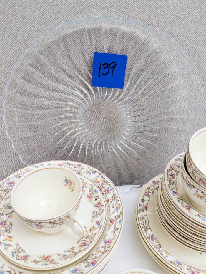 139. Smith Taylor Smith Dishes - (12) Bowls, (1) Bread Plate, (5) Teacups/(1) Saucer, (12) Berry Bowls, Glass Tray, Candleholder + (10) Glass Plates - Image 2