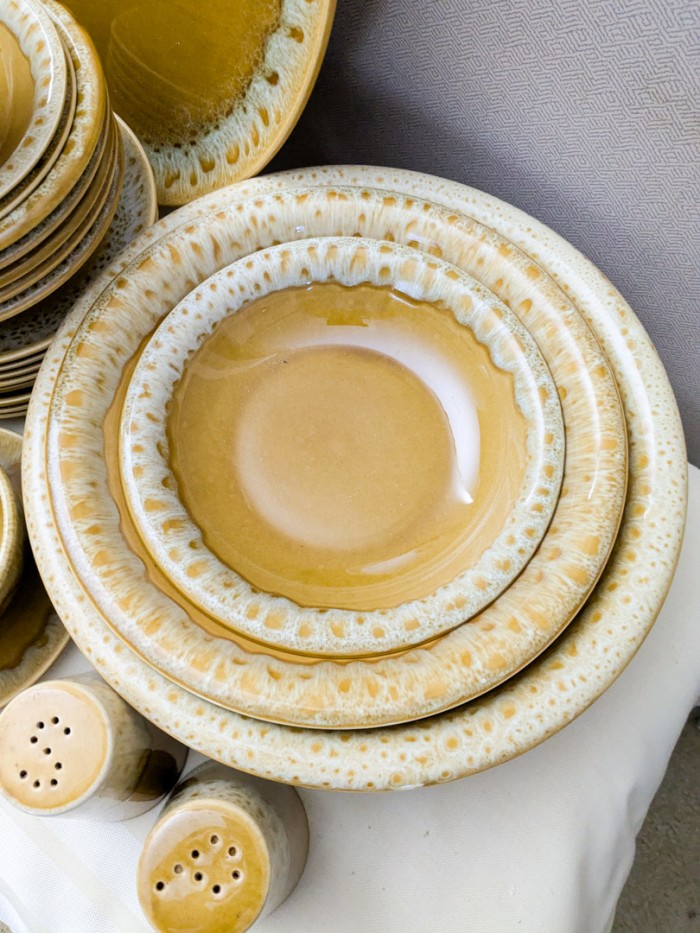 123. Canonsburg Butterscotch Dishes - (8) Dinner Plates, (5) Cereal Bowls, (2) Berry Bowls, (8) Salad Plates, (4) Tall Mugs, Tumbler, Creamer + Sugar, Salt + Pepper, (4) Serving Pcs. - Image 11