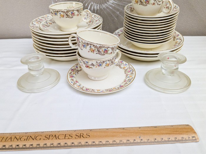 139. Smith Taylor Smith Dishes - (12) Bowls, (1) Bread Plate, (5) Teacups/(1) Saucer, (12) Berry Bowls, Glass Tray, Candleholder + (10) Glass Plates - Image 8