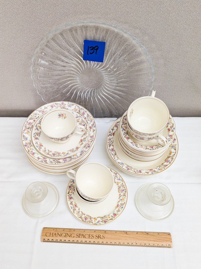 139. Smith Taylor Smith Dishes - (12) Bowls, (1) Bread Plate, (5) Teacups/(1) Saucer, (12) Berry Bowls, Glass Tray, Candleholder + (10) Glass Plates - Image 9