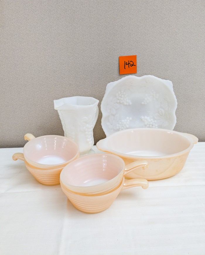 142. (4) Peach Lustre Bowls w/ Handles, Oval Bowl, Milk Glass Pitcher + Bowl