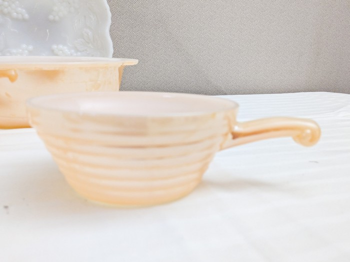 142. (4) Peach Lustre Bowls w/ Handles, Oval Bowl, Milk Glass Pitcher + Bowl - Image 2