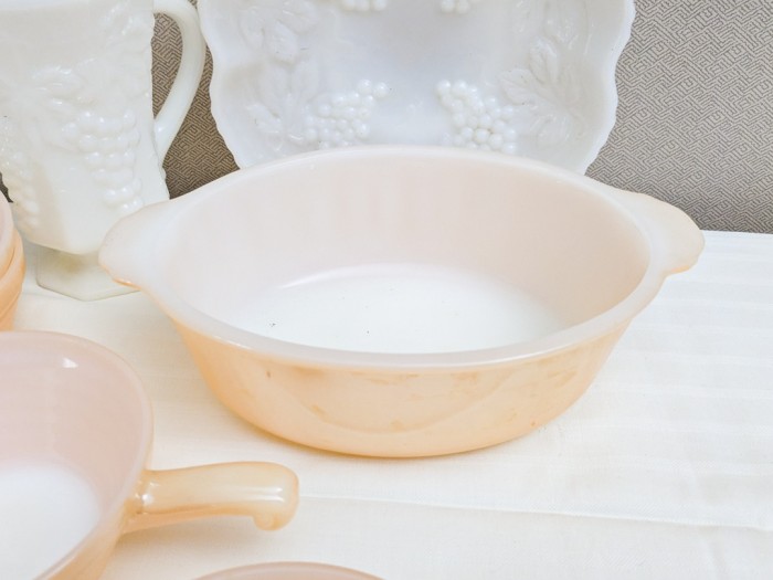 142. (4) Peach Lustre Bowls w/ Handles, Oval Bowl, Milk Glass Pitcher + Bowl - Image 4