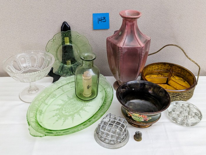 143. Vase, (2) Green Depression Glass Plates, Amber Divided Dish, Tray, Flower Frogs, Pedestal + Bowl