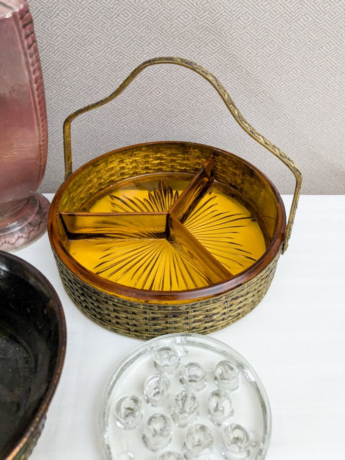 143. Vase, (2) Green Depression Glass Plates, Amber Divided Dish, Tray, Flower Frogs, Pedestal + Bowl - Image 3