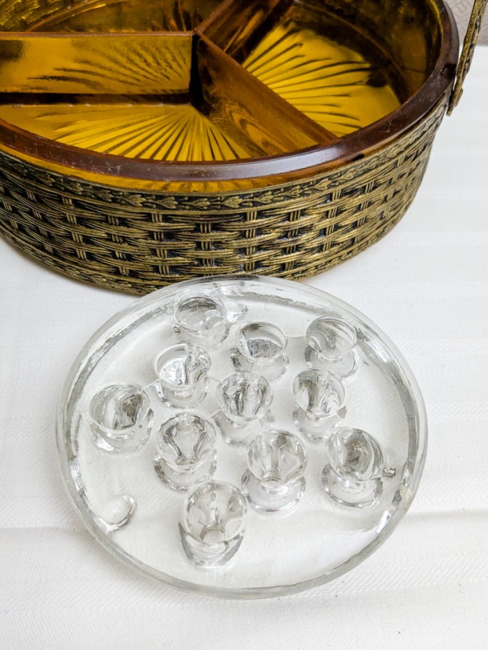 143. Vase, (2) Green Depression Glass Plates, Amber Divided Dish, Tray, Flower Frogs, Pedestal + Bowl - Image 4