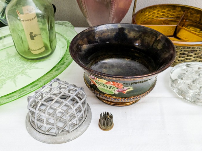 143. Vase, (2) Green Depression Glass Plates, Amber Divided Dish, Tray, Flower Frogs, Pedestal + Bowl - Image 5