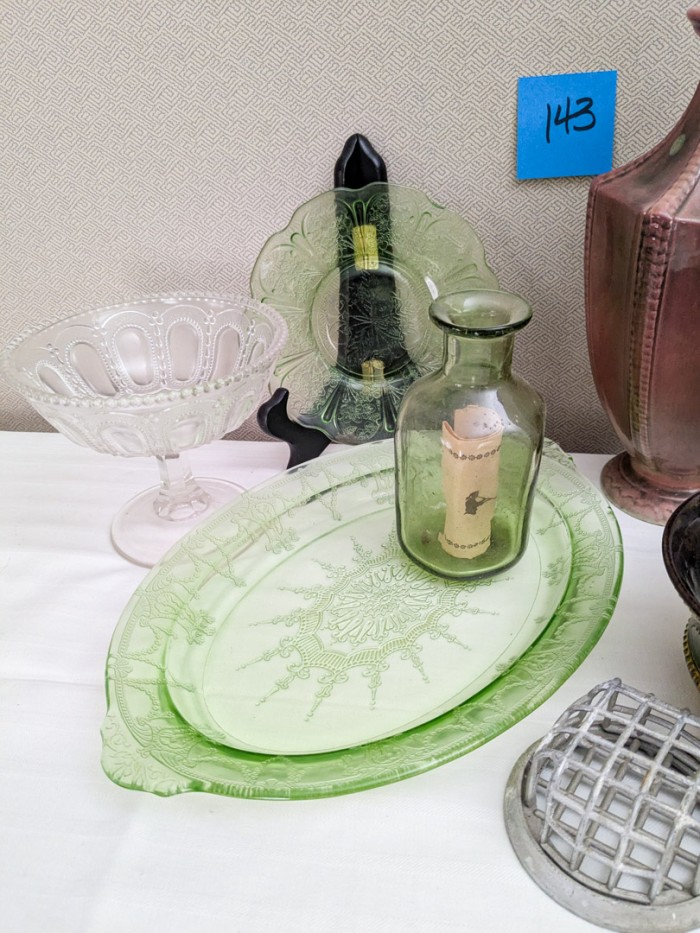 143. Vase, (2) Green Depression Glass Plates, Amber Divided Dish, Tray, Flower Frogs, Pedestal + Bowl - Image 6