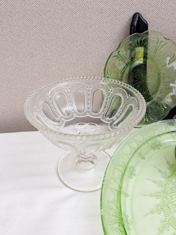 143. Vase, (2) Green Depression Glass Plates, Amber Divided Dish, Tray, Flower Frogs, Pedestal + Bowl - Image 7