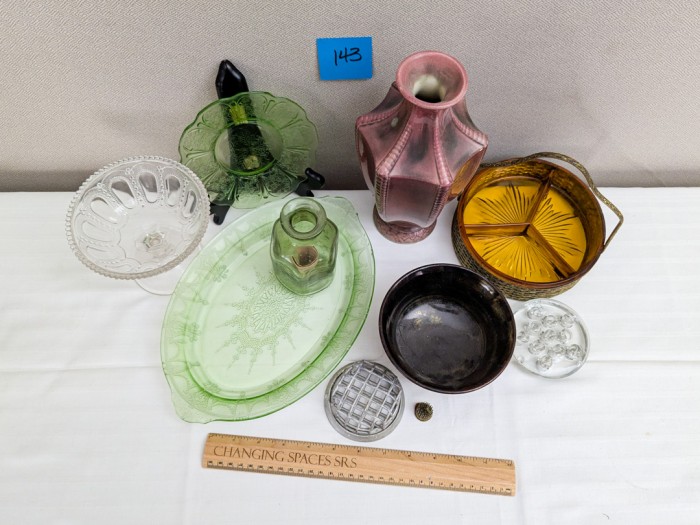 143. Vase, (2) Green Depression Glass Plates, Amber Divided Dish, Tray, Flower Frogs, Pedestal + Bowl - Image 8