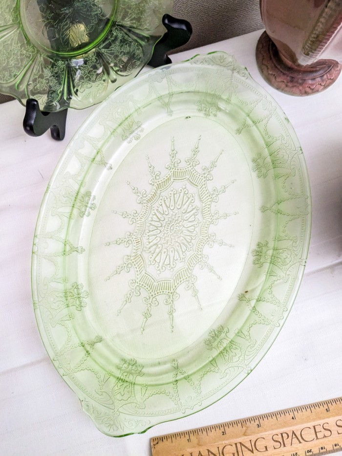 143. Vase, (2) Green Depression Glass Plates, Amber Divided Dish, Tray, Flower Frogs, Pedestal + Bowl - Image 9