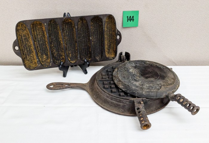 144. Cast Iron Waffle Maker + Cornbread Pan