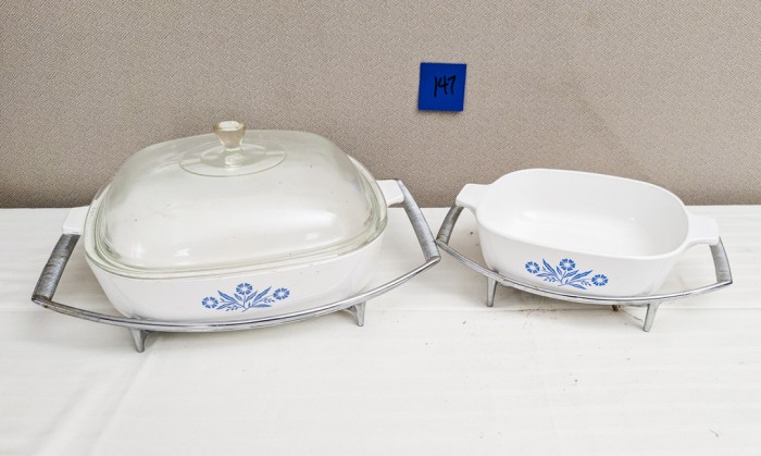 147. (2) Corning Ware Casseroles w/ Holders