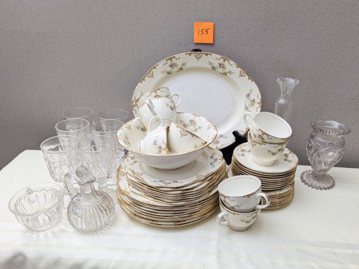 155. Nautilus China - (10) Dinner Plates, (7) Salad Plates, (9) Bread Plates, (8) Teacups/(9) Saucers, (2) Serving Pcs. (6) Goblets, (4) Glass Pieces