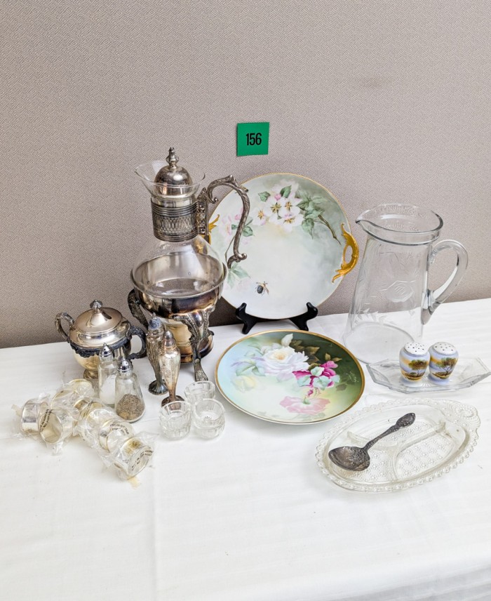 156. Silverplate Coffee Pot, Sugar, Salt + Pepper, Napkin Rings, Pitcher, (2) Glass Pieces + (2) Floral Platters