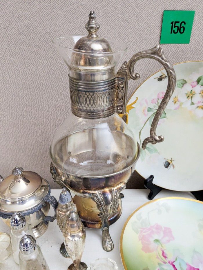 156. Silverplate Coffee Pot, Sugar, Salt + Pepper, Napkin Rings, Pitcher, (2) Glass Pieces + (2) Floral Platters - Image 5