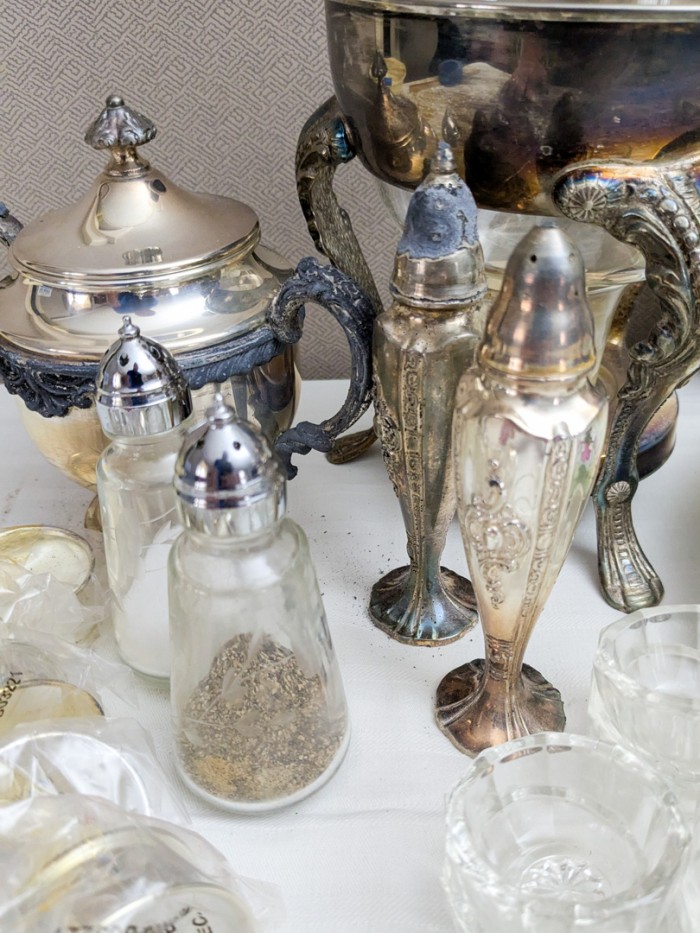 156. Silverplate Coffee Pot, Sugar, Salt + Pepper, Napkin Rings, Pitcher, (2) Glass Pieces + (2) Floral Platters - Image 9