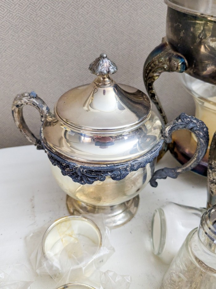 156. Silverplate Coffee Pot, Sugar, Salt + Pepper, Napkin Rings, Pitcher, (2) Glass Pieces + (2) Floral Platters - Image 11