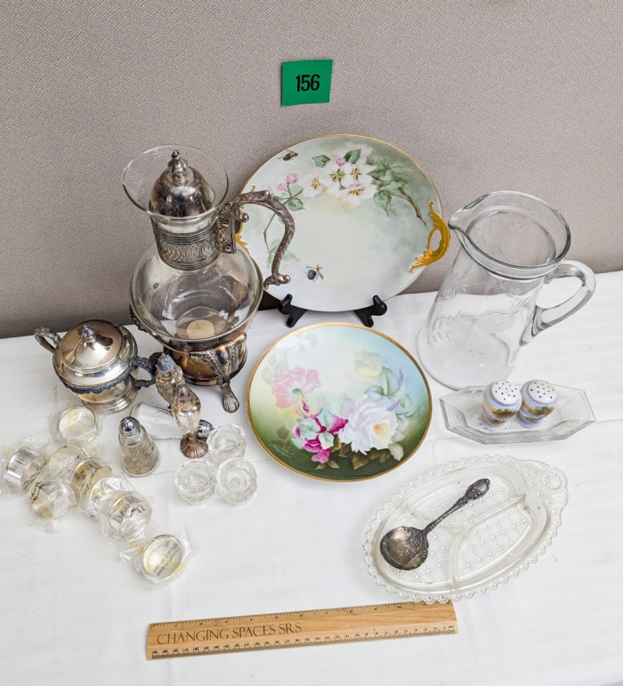 156. Silverplate Coffee Pot, Sugar, Salt + Pepper, Napkin Rings, Pitcher, (2) Glass Pieces + (2) Floral Platters - Image 12