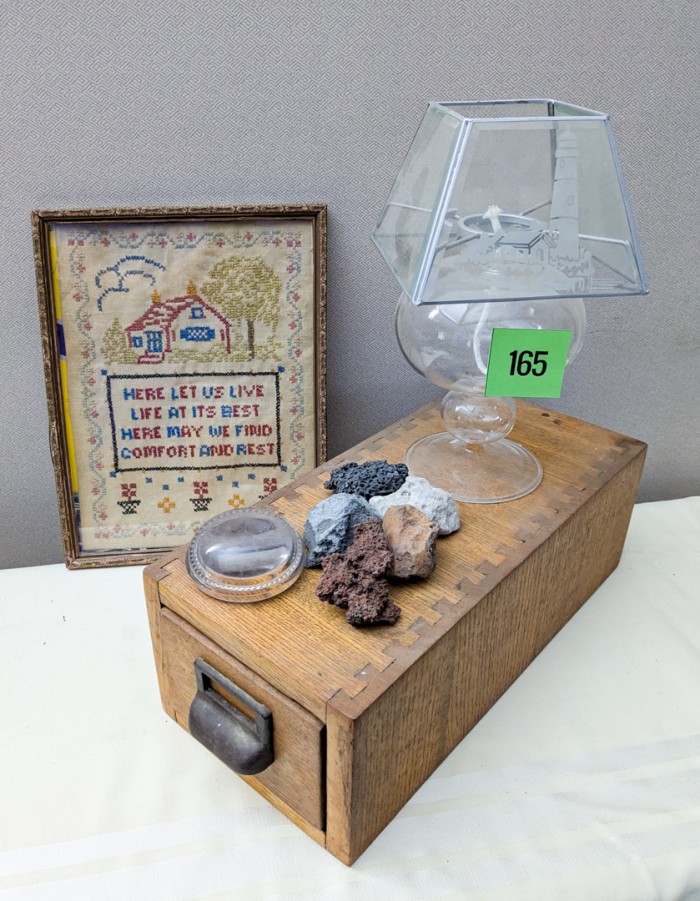 165. Needlework, Oil Lamp, Rocks, Drawer + Magnifier