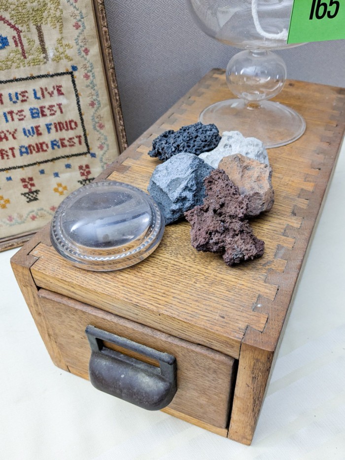 165. Needlework, Oil Lamp, Rocks, Drawer + Magnifier - Image 3