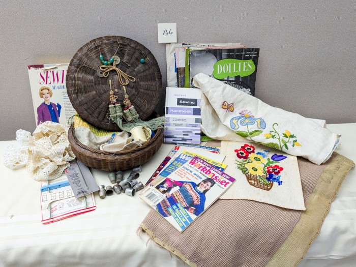 166. Sewing Lot - Antique Sewing Basket, Thimbles, Books + Notions