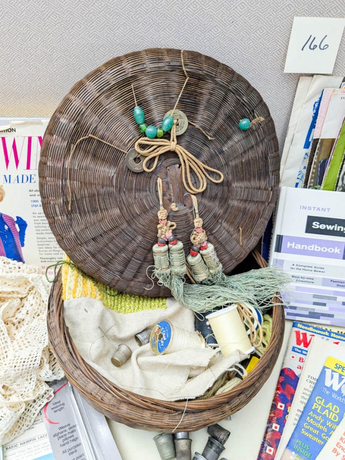 166. Sewing Lot - Antique Sewing Basket, Thimbles, Books + Notions - Image 2