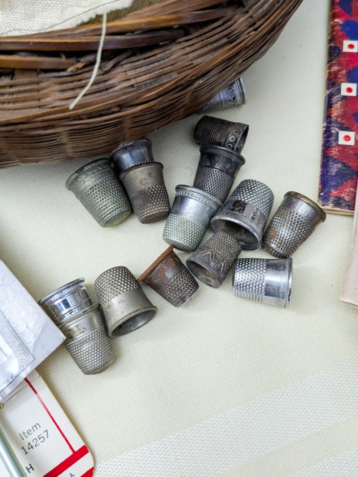 166. Sewing Lot - Antique Sewing Basket, Thimbles, Books + Notions - Image 3