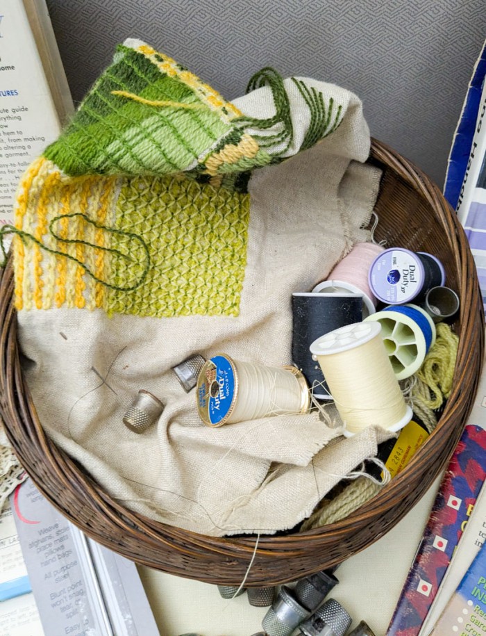 166. Sewing Lot - Antique Sewing Basket, Thimbles, Books + Notions - Image 5