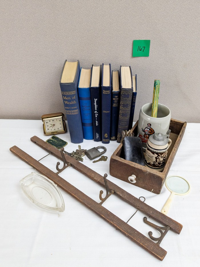 167. (7) Books, Drawer, (2) Beer Steins, Rack + Collectibles